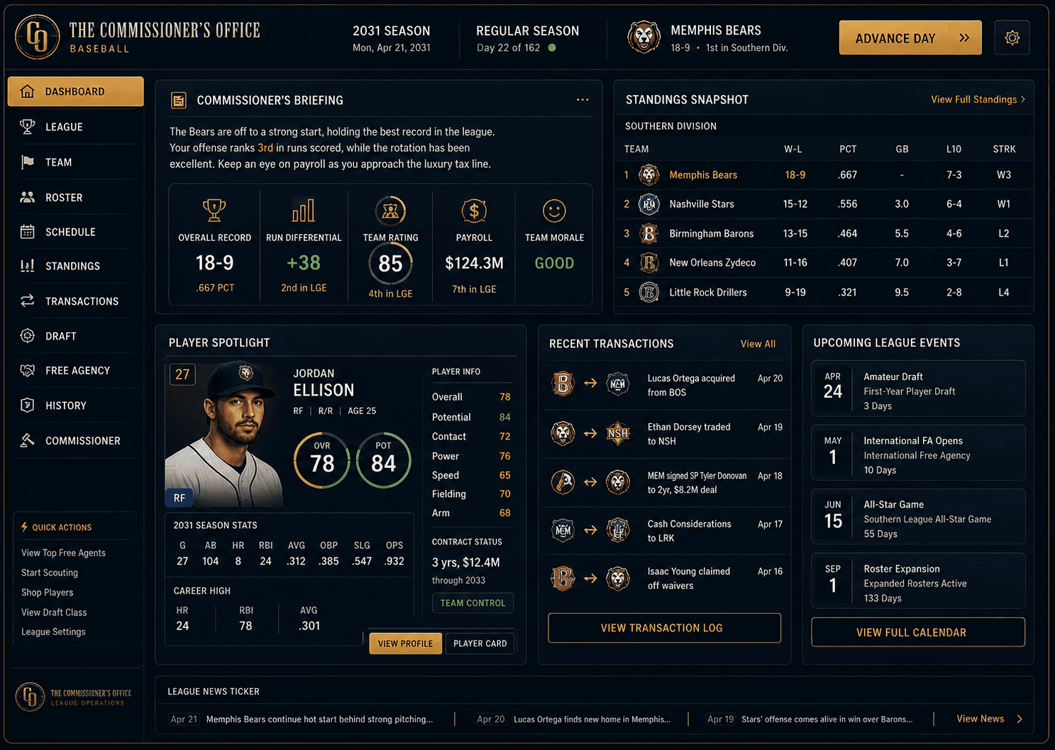 Front Office Baseball in-game UI — franchise management shell