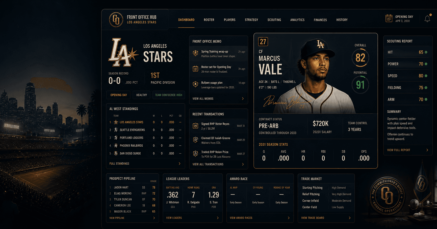 Front Office Baseball — league hub, standings, and in-game UI